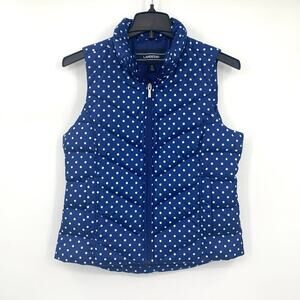 Lands' End Women's Size Small Down Puffer Vest Blue Full Zip White Polka Dots